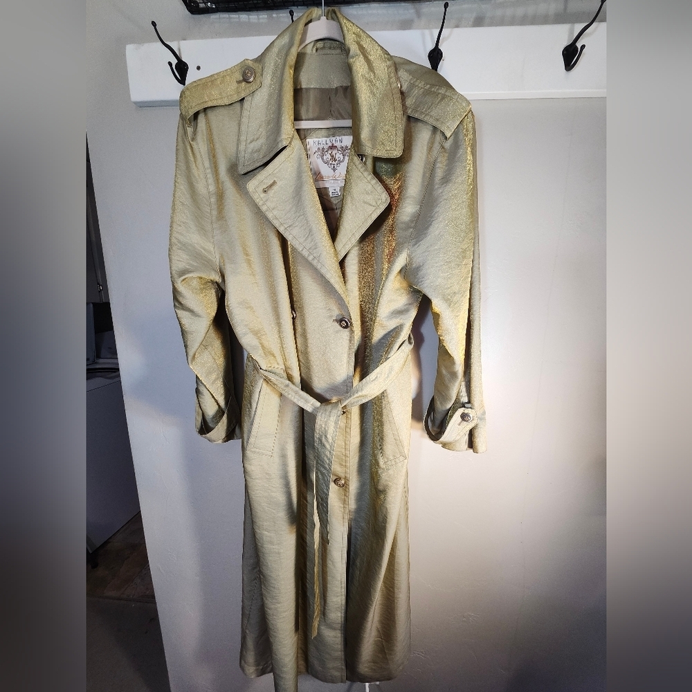 Laura Winston Gold Metalic Vintage Maxi Trench Coat Sz 14 - Picture 2 of 16